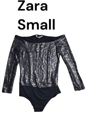 Zara Black Sequin Off-Shoulder Long Sleeve Bodysuit